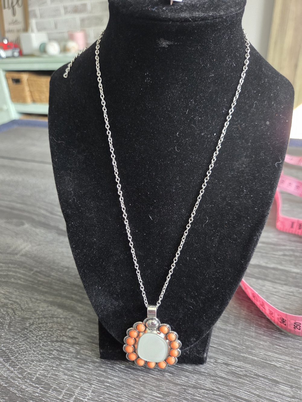 paparazzi Silver-Tone Necklace with Mint Center and Orange Accent Beads